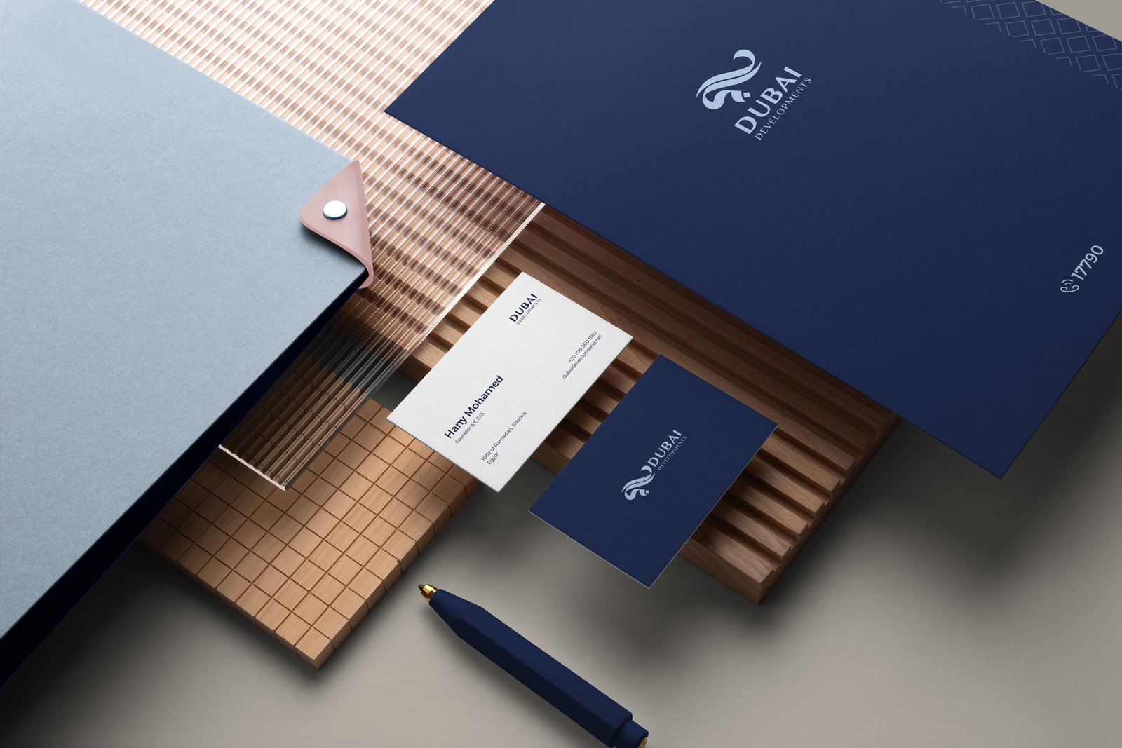 Dubai Developments blue stationery and branding mockup