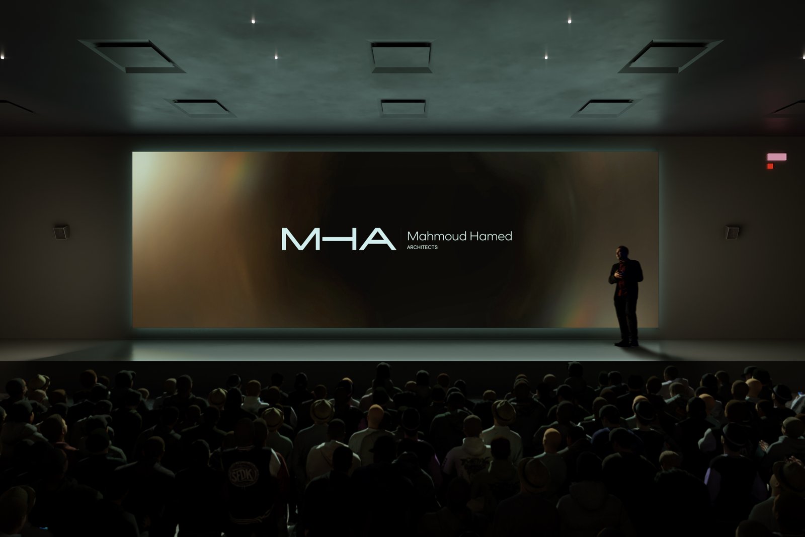 MHA Mahmoud Hamed Architects identity on an auditorium display
