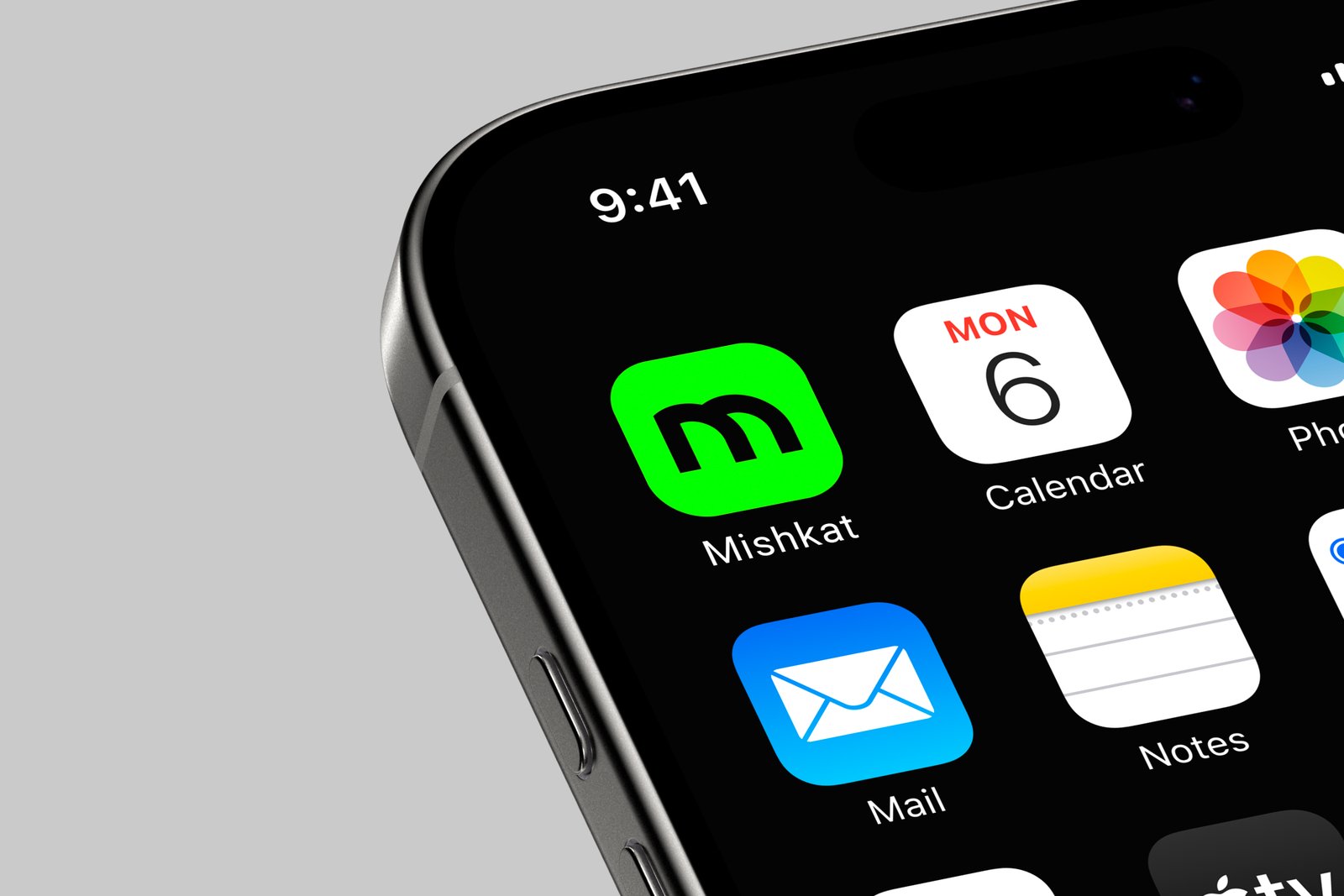 Mishkat green app icon on an iPhone mockup
