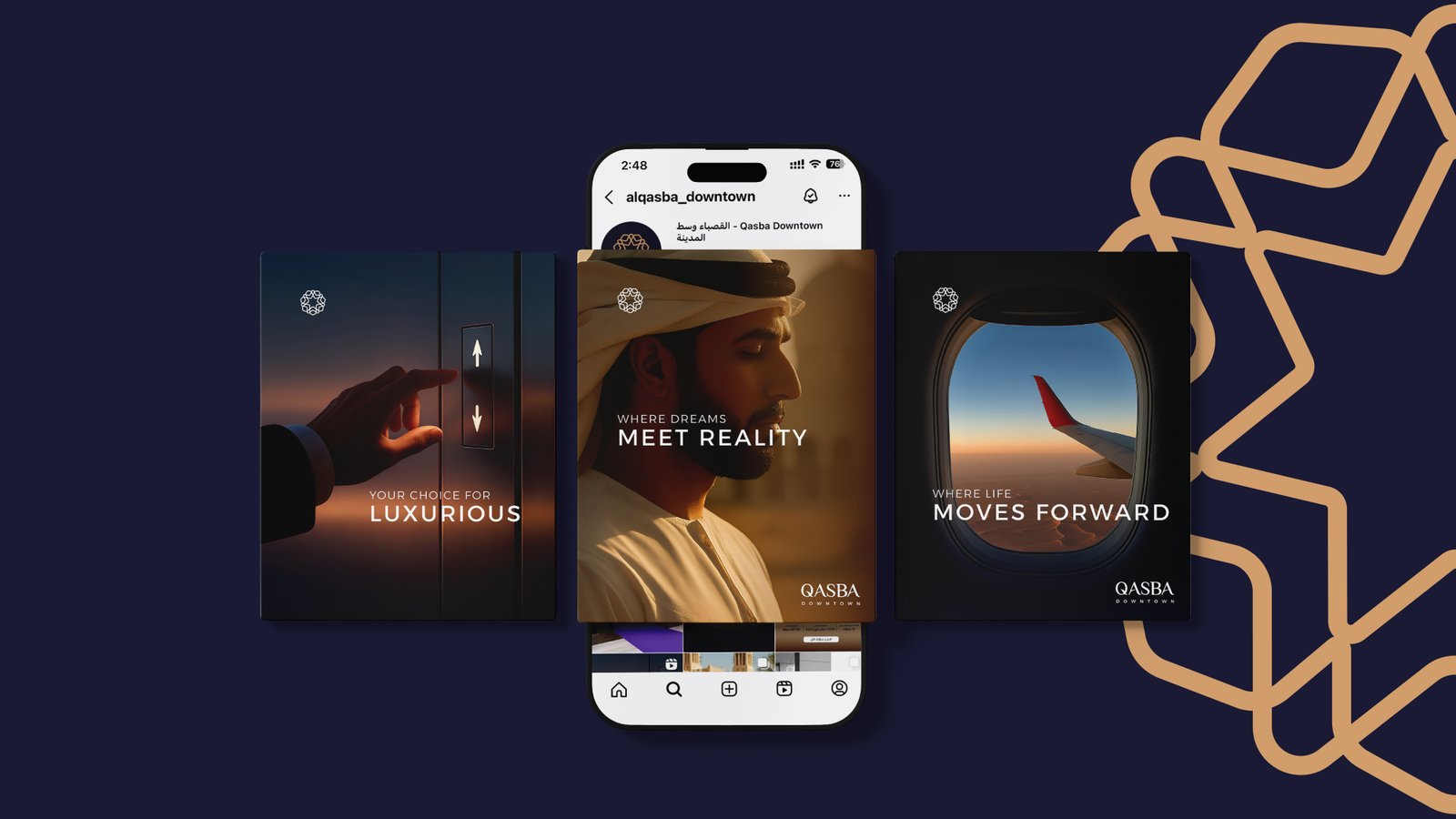 Qasba Downtown social campaign on a navy and gold layout